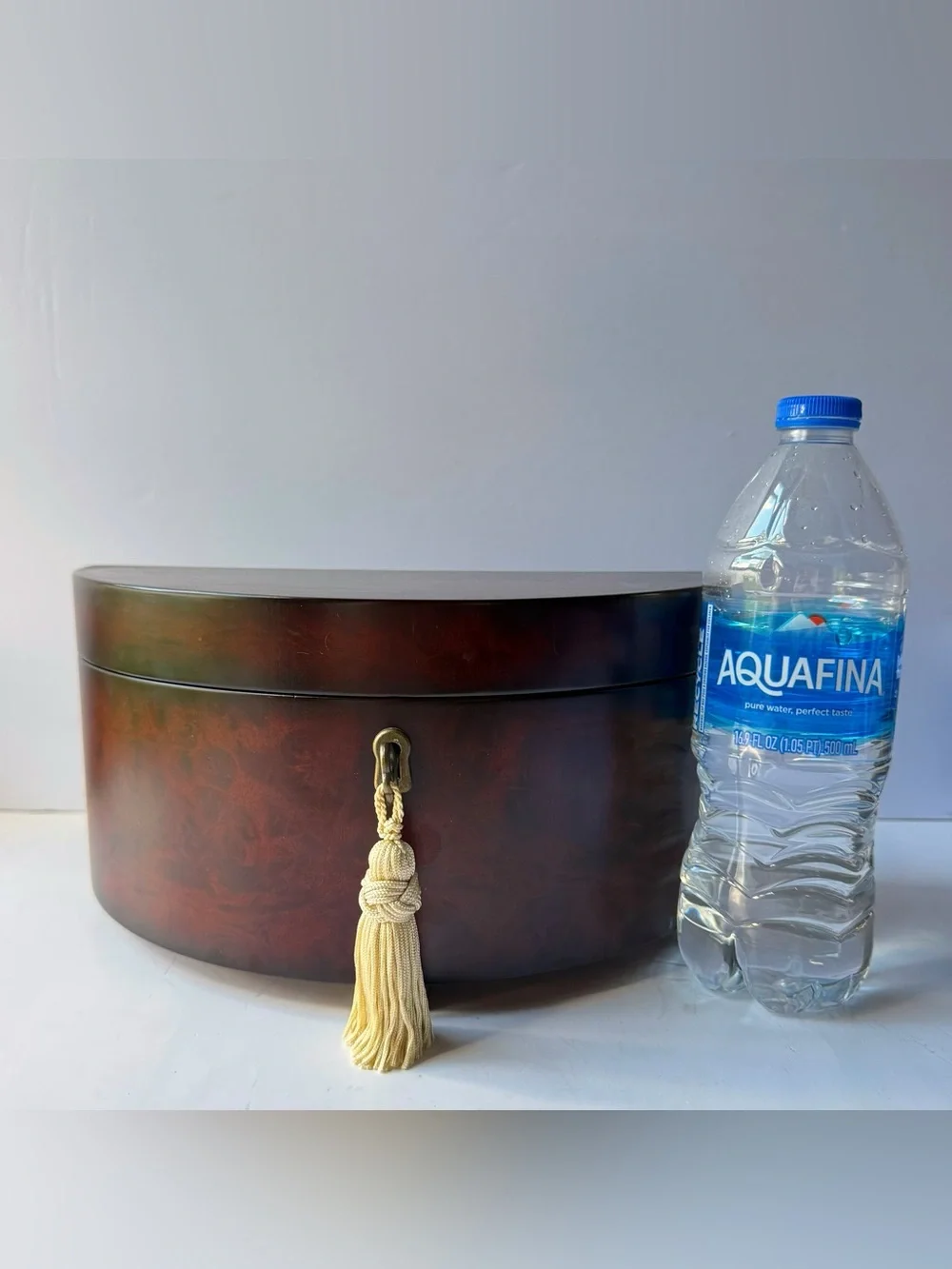 Bombay Co Half Moon Cherry Burlwood Finish Jewelry Box Tassel Key Brass Feet